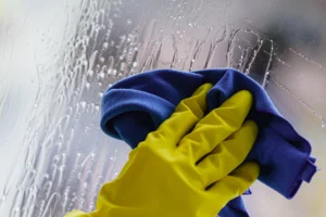 Person wearing yellow glove is cleaning window with blue cloth.