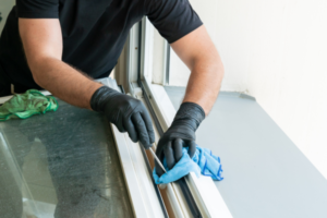 Person cleaning window frame.