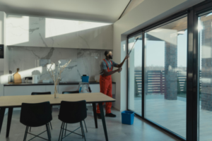 Man using professional equipment to clean large kitchen windows.