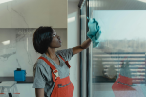 Professional woman cleaning large window with blue towel.