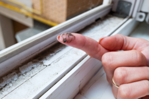 Person wipping window tracks with their finger.