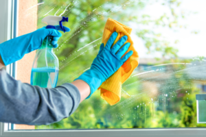 Person cleaning window, wearing gloves, towel and spray bottle.
