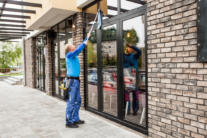 Man cleaning the windows of a commercial building.