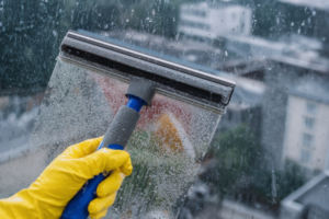 Close up of person wearing glove while cleaning window.