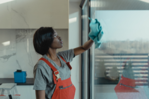 Professional window cleaner wearing overals as she wipes window.